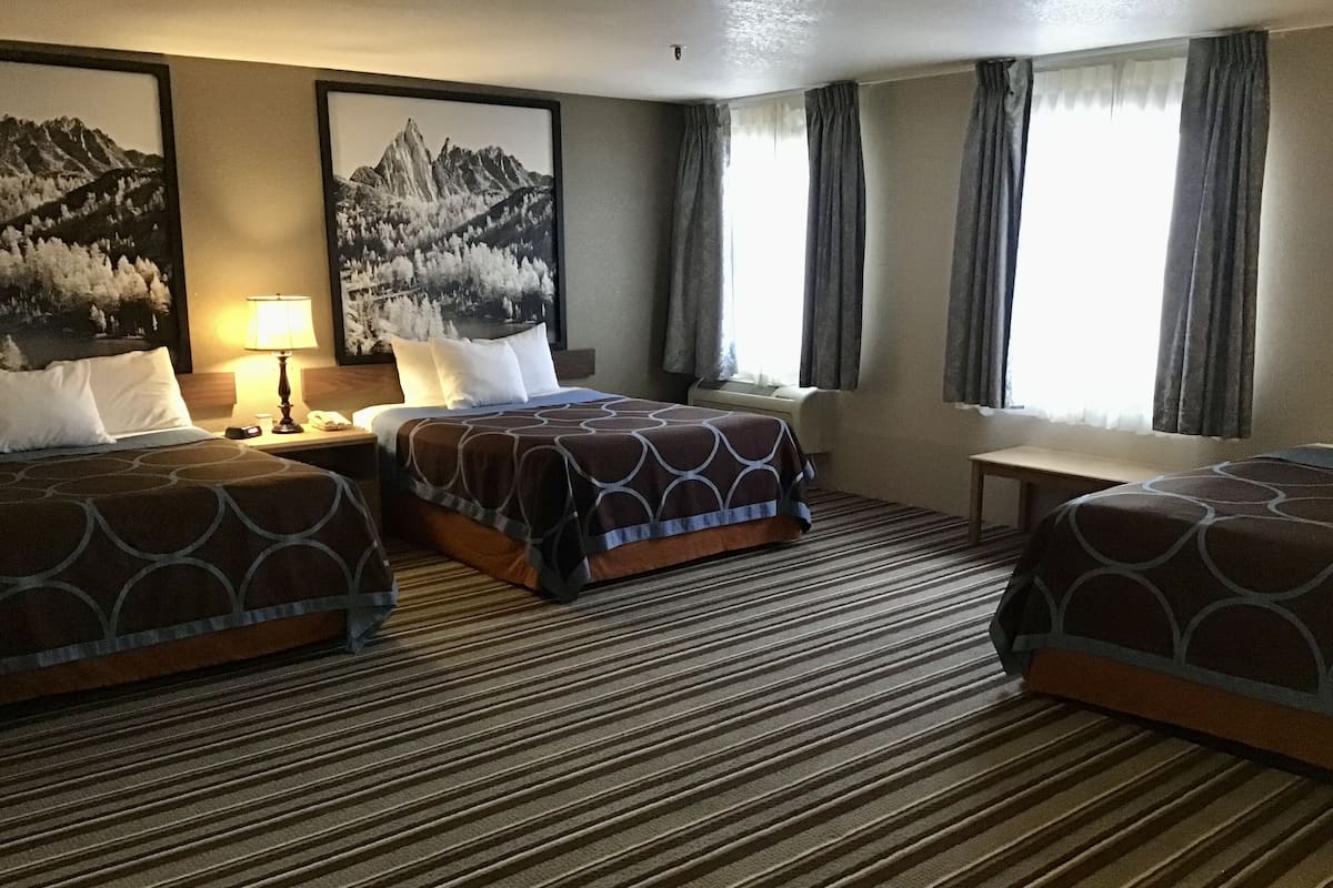 A hotel room with two beds, a large window with curtains, a carpeted floor, and two framed pictures on the wall.