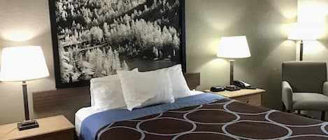 Quarto de hotel com cama, duas luminárias de cabeceira, uma cadeira, mesa de cabeceira e uma grande moldura com paisagem de montanhas.