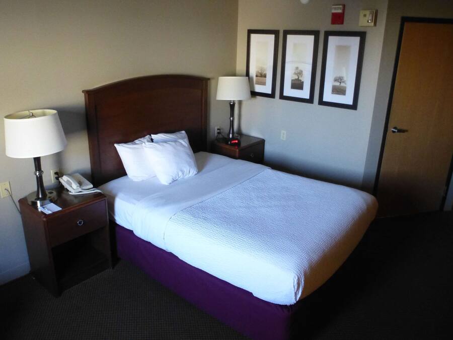 A hotel room with a bed, two bedside tables with lamps, a telephone, and framed pictures on the wall.
