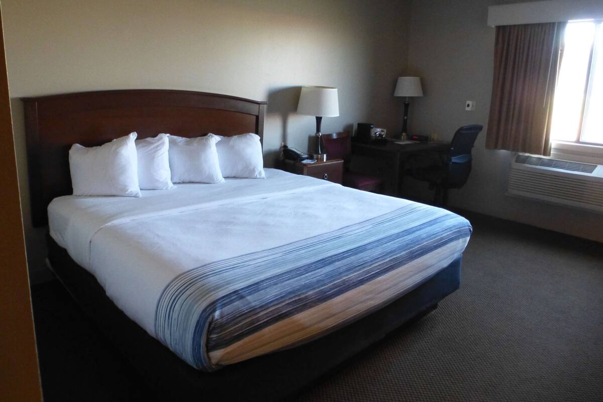 A hotel room with a large bed, a desk, a chair, and an air conditioning unit.