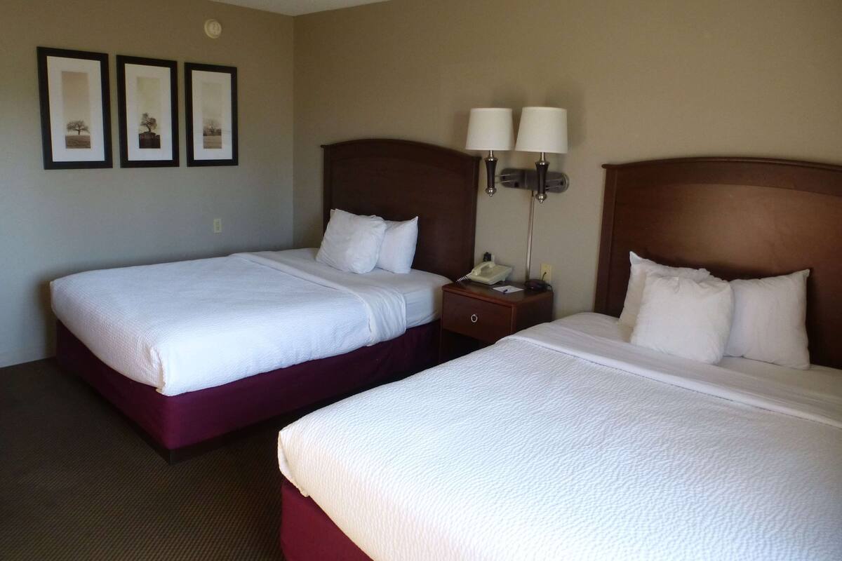 A hotel room with two beds, a nightstand with a lamp, and three framed pictures on the wall.