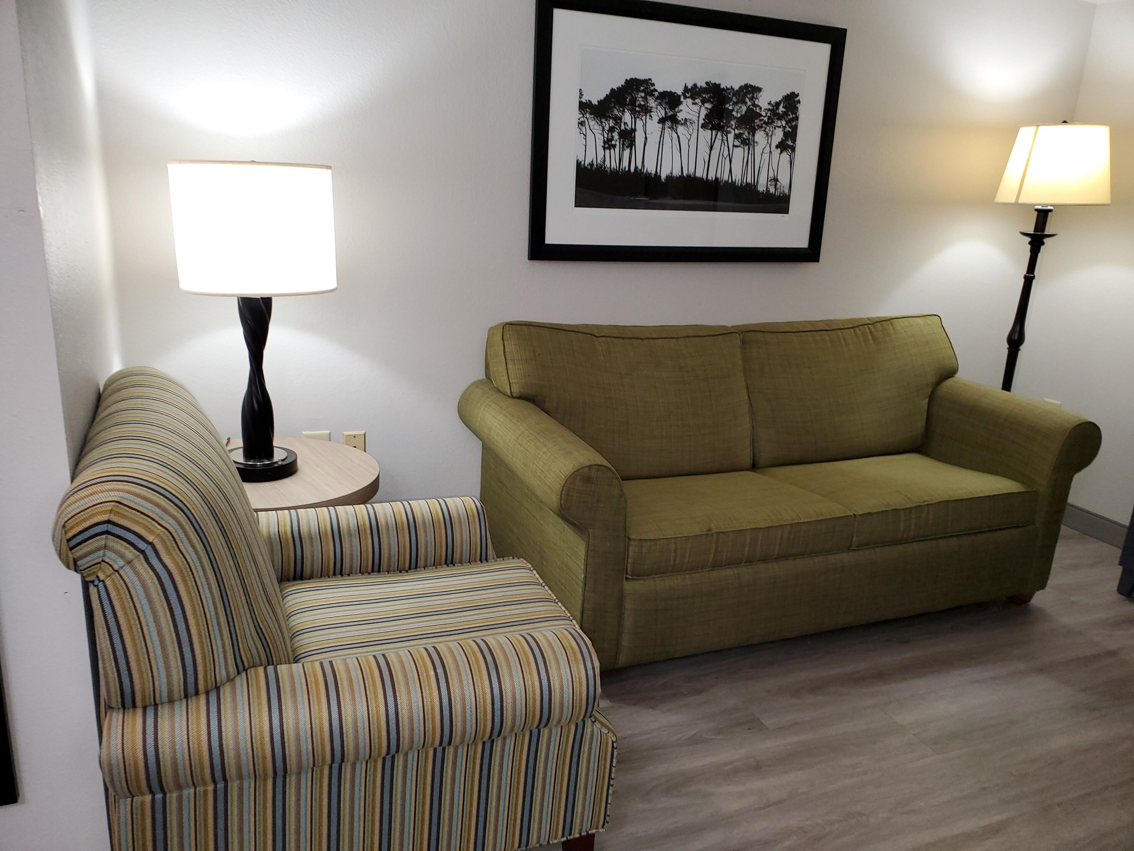 A living room with a striped armchair, a green sofa, a round table with a lamp, and a framed picture on the wall.