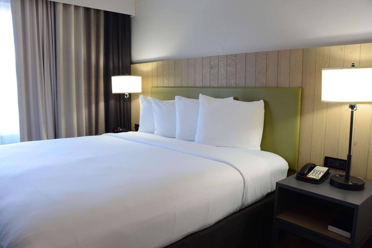 A hotel room with a large bed, two bedside lamps, a telephone, and a nightstand.