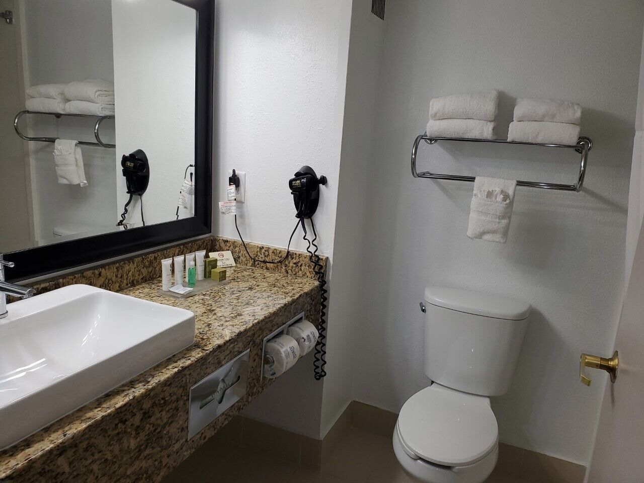 free toiletries, hair dryer, towels, soap