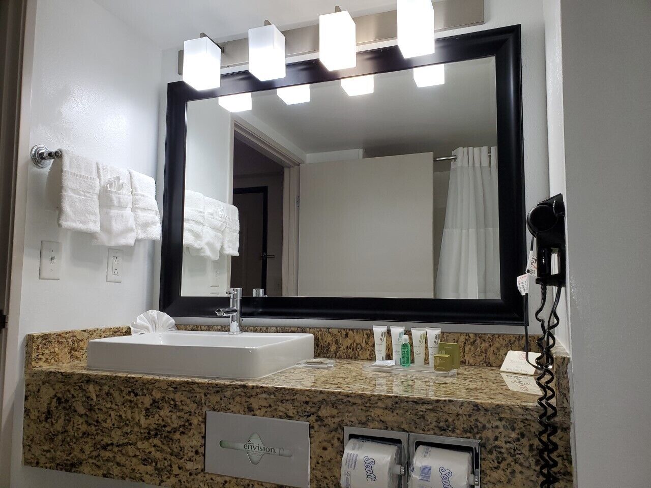 free toiletries, hair dryer, towels, soap