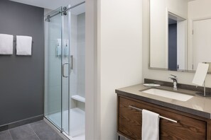 Bathroom features a glass-enclosed shower, vanity with sink and mirror, and a towel rack.