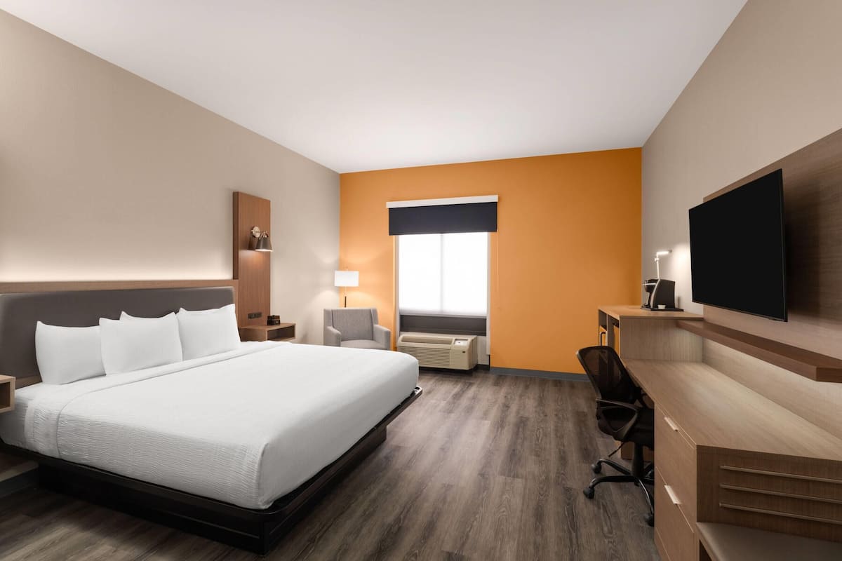 Quarto de hotel com uma cama grande, uma escrivaninha, uma cadeira, uma televisão e uma janela.