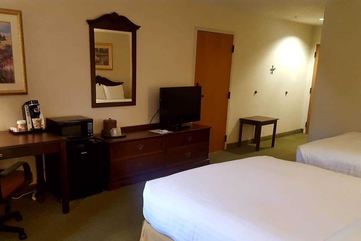 Una habitación de hotel con cama, escritorio con cafetera, televisor y cómoda.