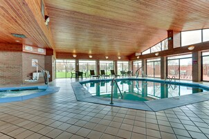 An indoor swimming pool with a wooden ceiling, tiled floor, and a view of the outdoors.