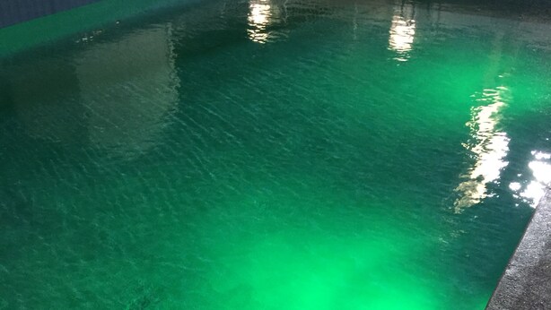 Ein Schwimmbecken mit grüner Beleuchtung, einer Tiefenmarkierung von 3 Fuß und einem Schild mit der Aufschrift 'No Diving'.