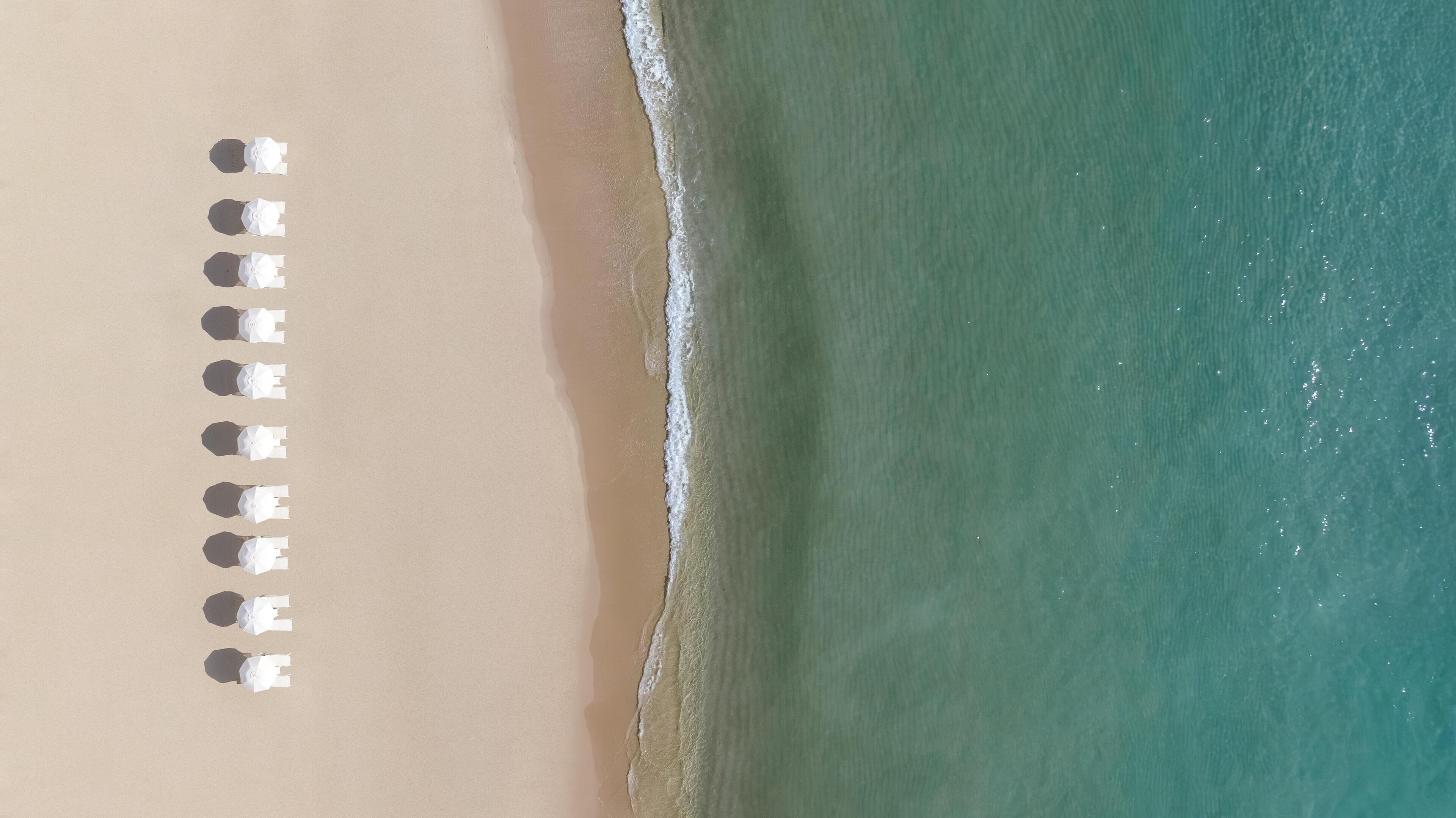 An aerial view of a beach with rows of white umbrellas aligned along the shoreline.
