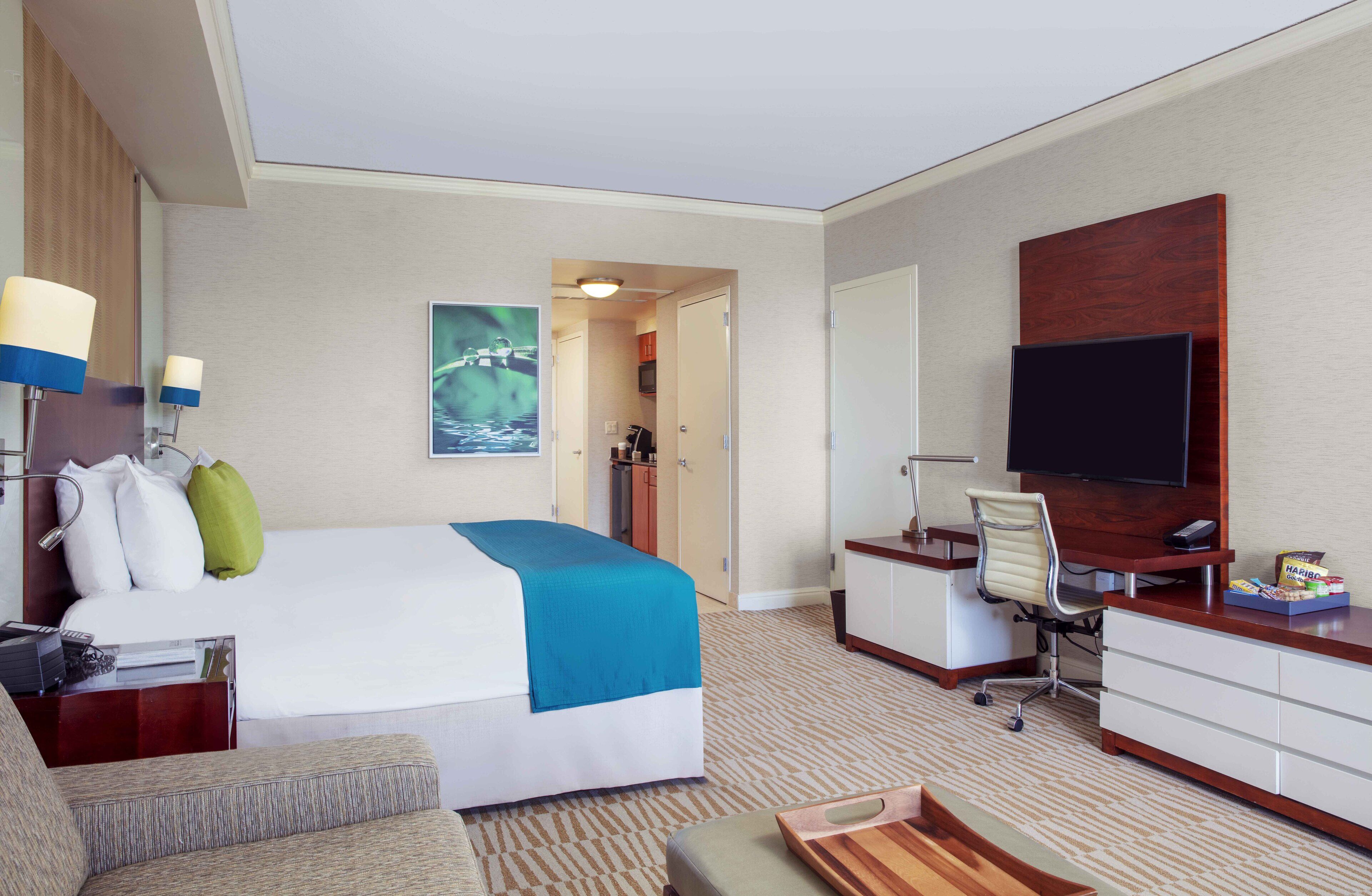 Quarto de hotel com uma cama, uma escrivaninha com cadeira, televisão e um quadro na parede.