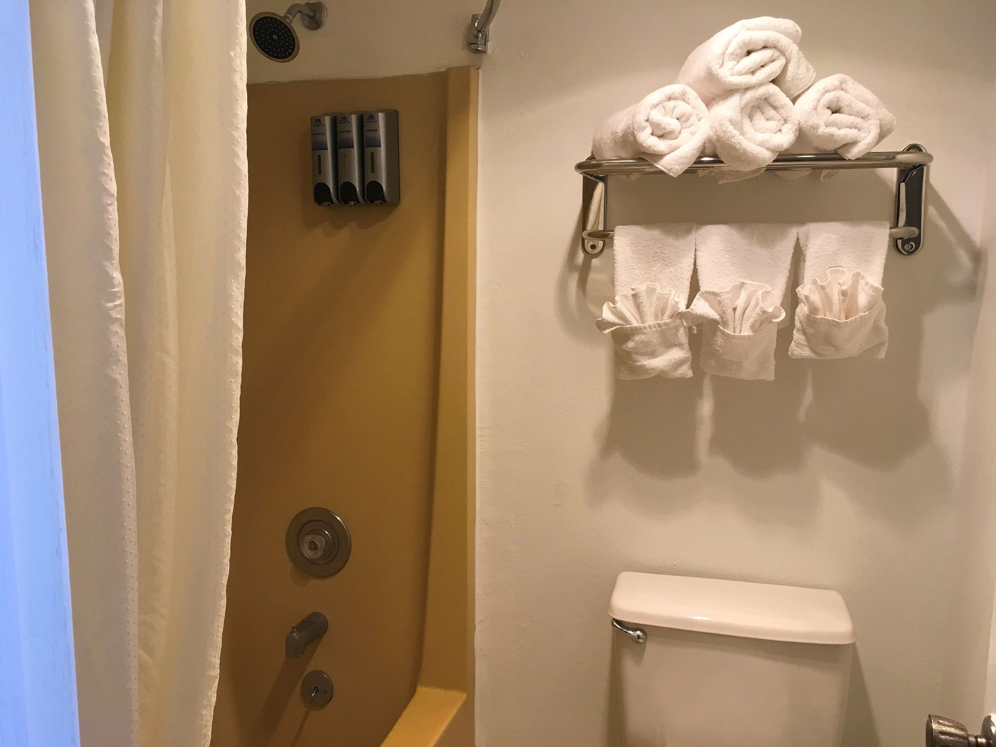 Un baño con inodoro, toallero con toallas, ducha y secador de manos.