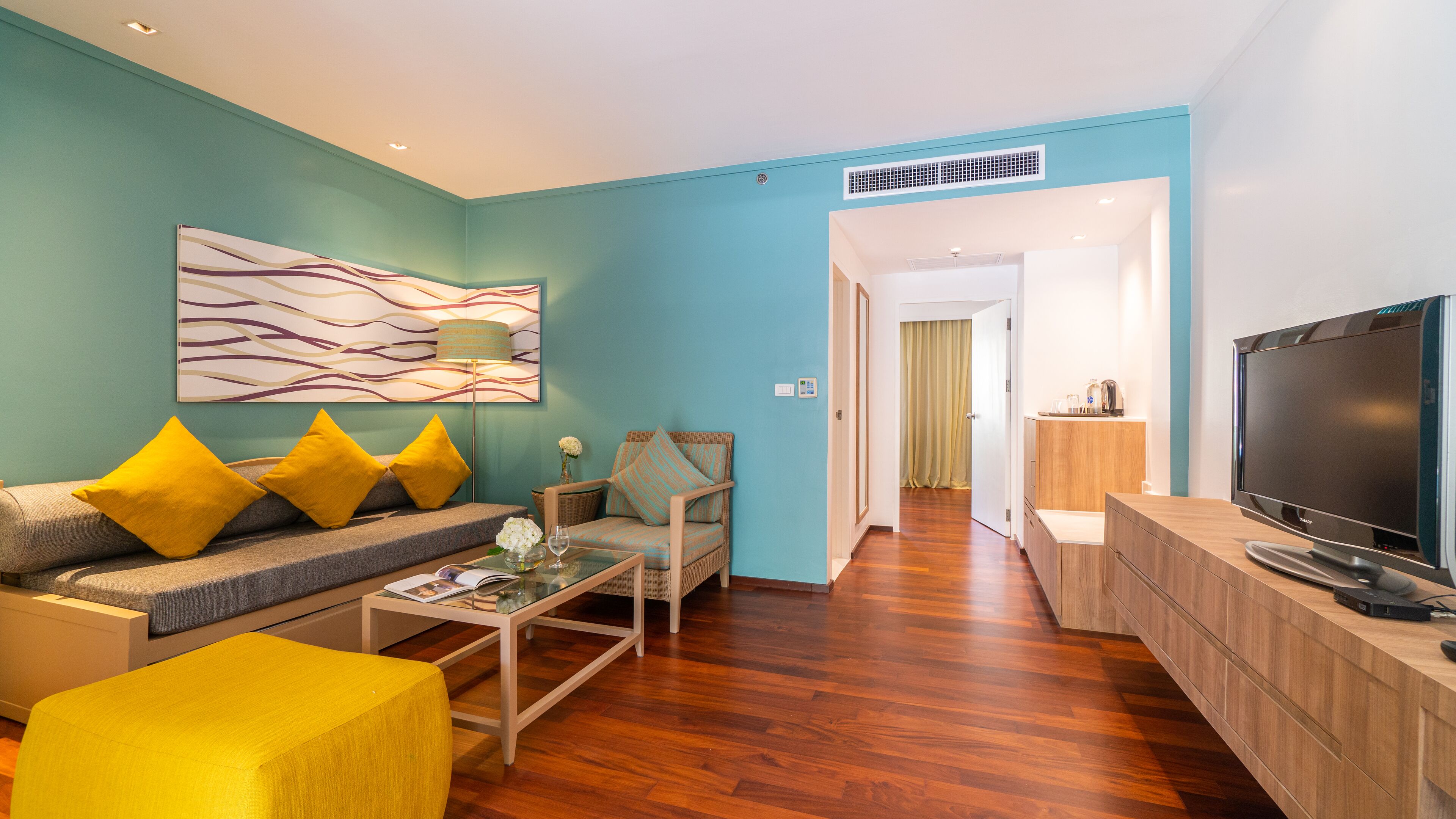 suite, 1 bedroom, terrace, pool view | living area | led tv