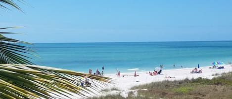 Beach nearby, white sand, beach umbrellas