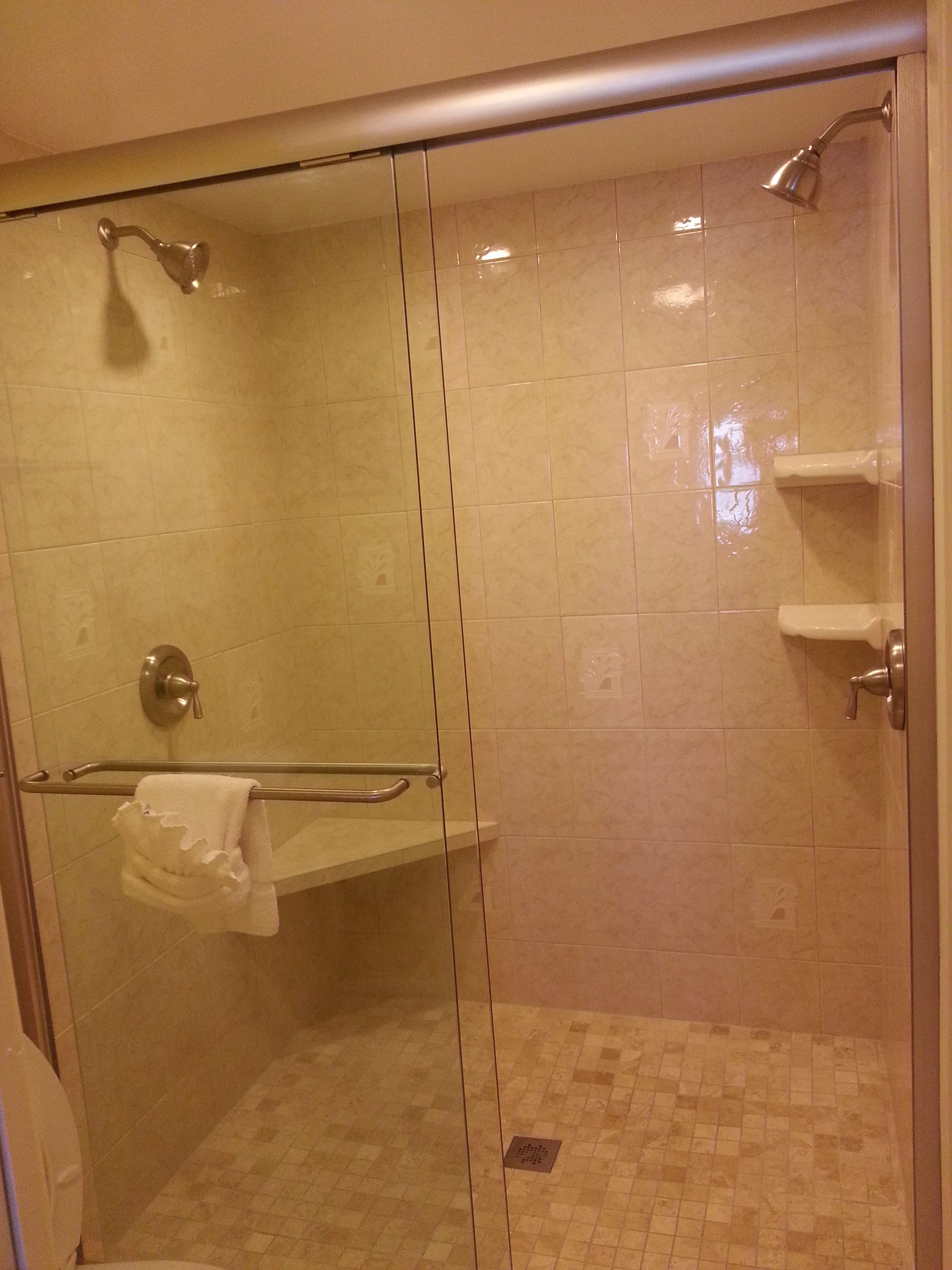 A glass-enclosed shower with a handheld showerhead, a towel rack, and a toilet.