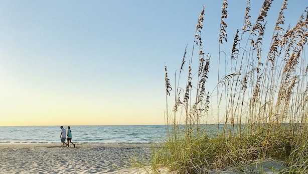 A sandy beach with tall grasses and footprints. - Sanibel Siesta on the Beach (Sanibel)