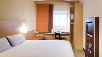 Hypo-allergenic bedding, desk, blackout drapes, iron/ironing board