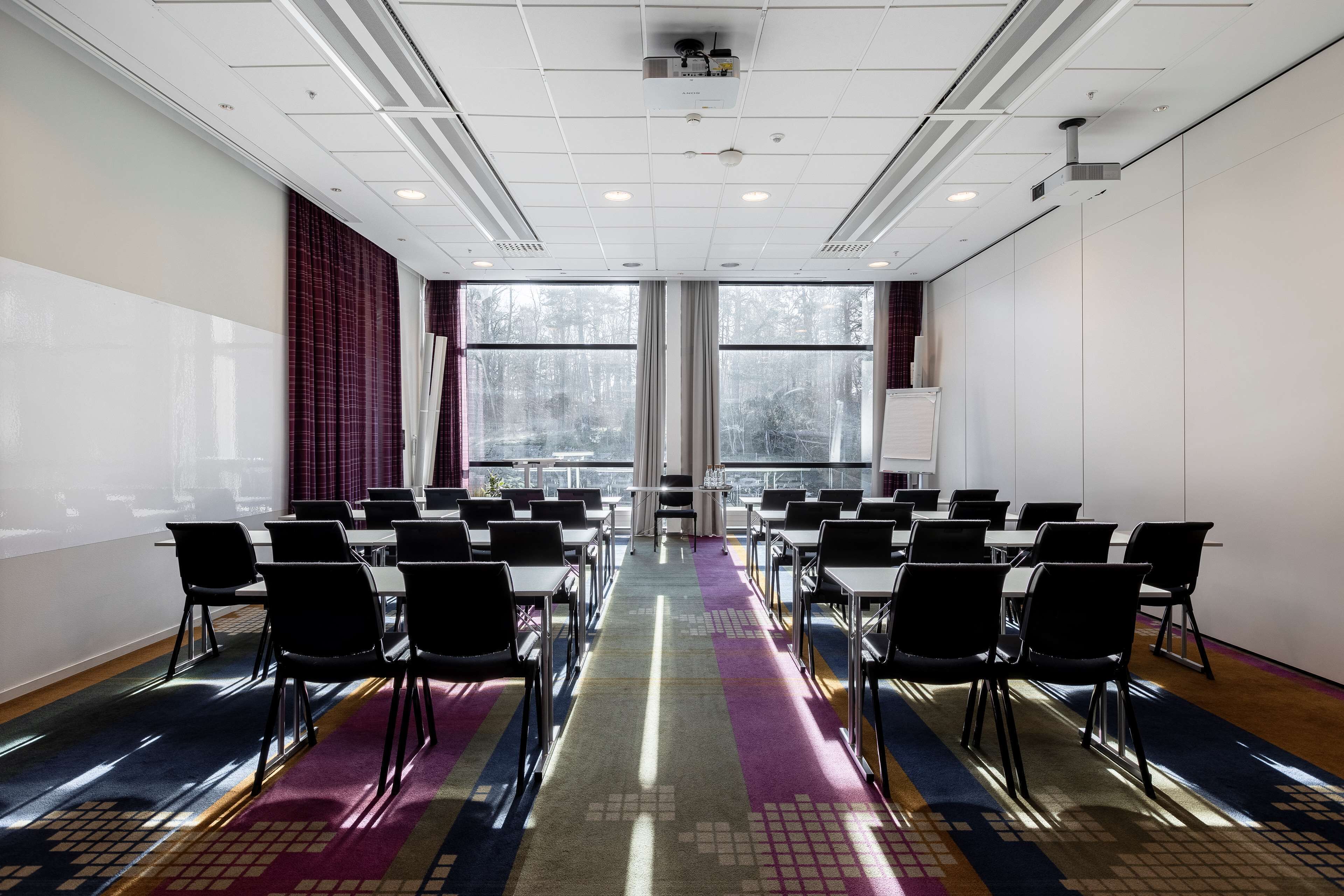 Een congreszaal met rijen stoelen, een beamer en grote ramen.