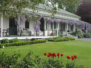 A white colonial-style house with a covered porch, outdoor furniture, and a well-manicured lawn with red tulips. - The Peppertree Luxury Accommodation (Riverlands)