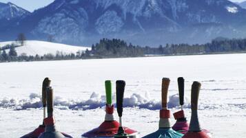 Reihenweise liegende Zunkehren auf Schnee, im Hintergrund ein Berg.