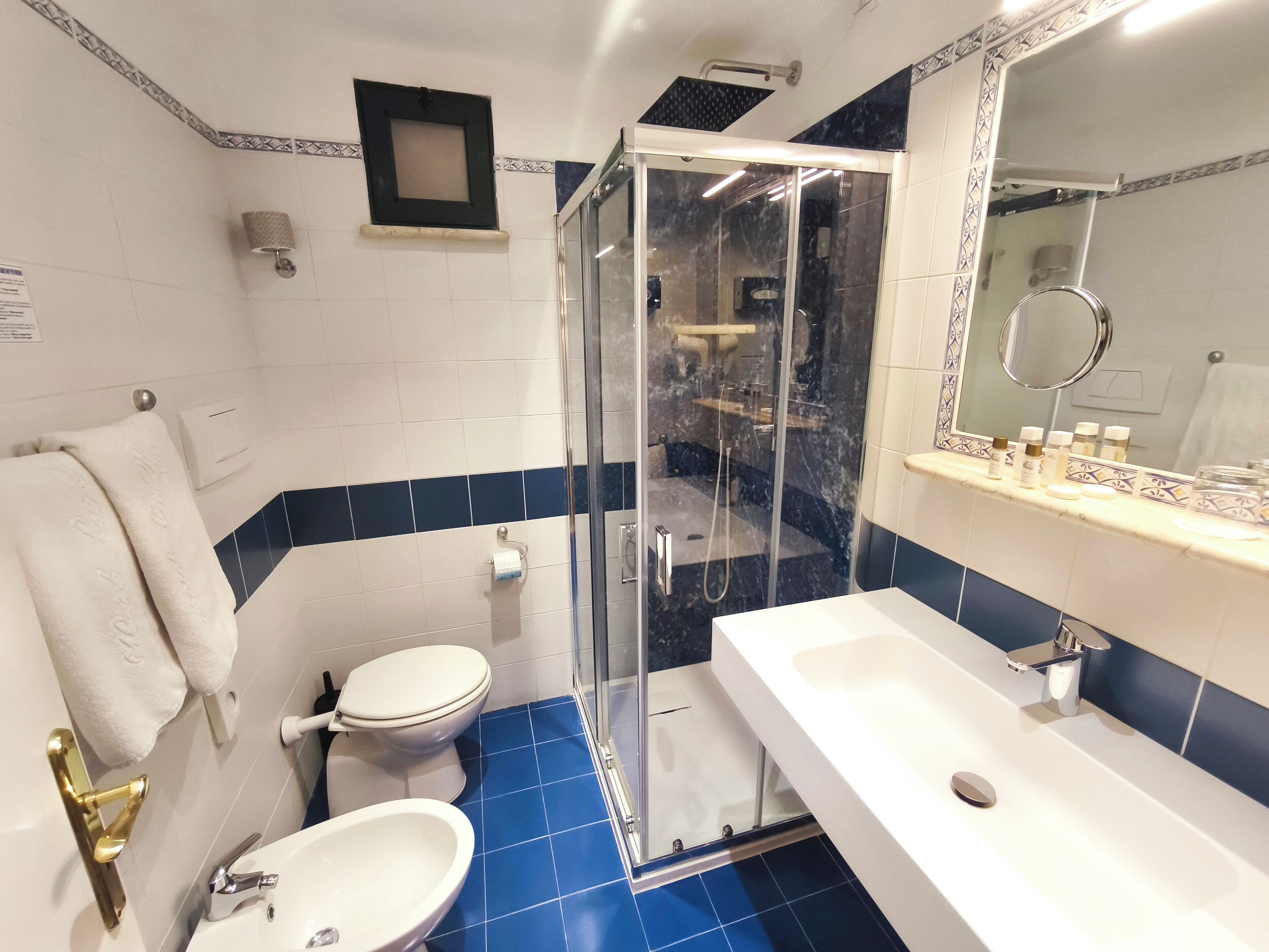 classic double room | bathroom | shower, designer toiletries, hair dryer, towels
