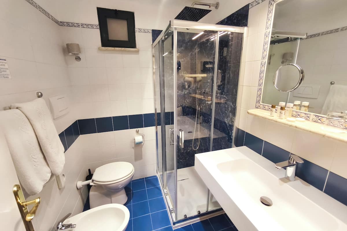 classic double room | bathroom | shower, designer toiletries, hair dryer, towels