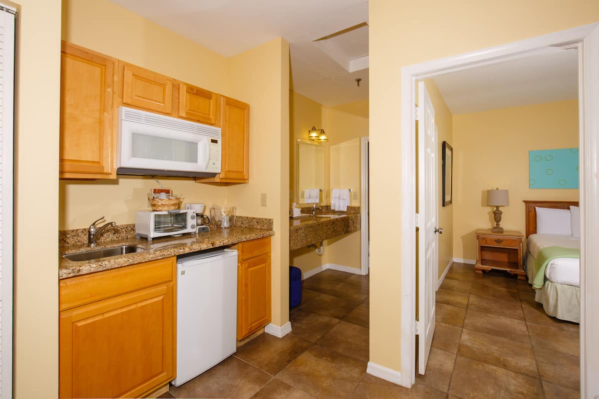 Cocina compacta con armarios de madera, microondas, tostadora y lavabo.