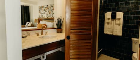 A bathroom with a wooden door, a sink with a marble countertop, a mirror, a potted plant, and a black tiled wall.