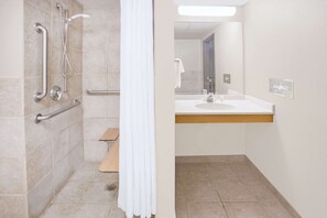 Room, 1 King Bed, Accessible, Non Smoking | Bathroom | Deep soaking tub, free toiletries, hair dryer, towels
