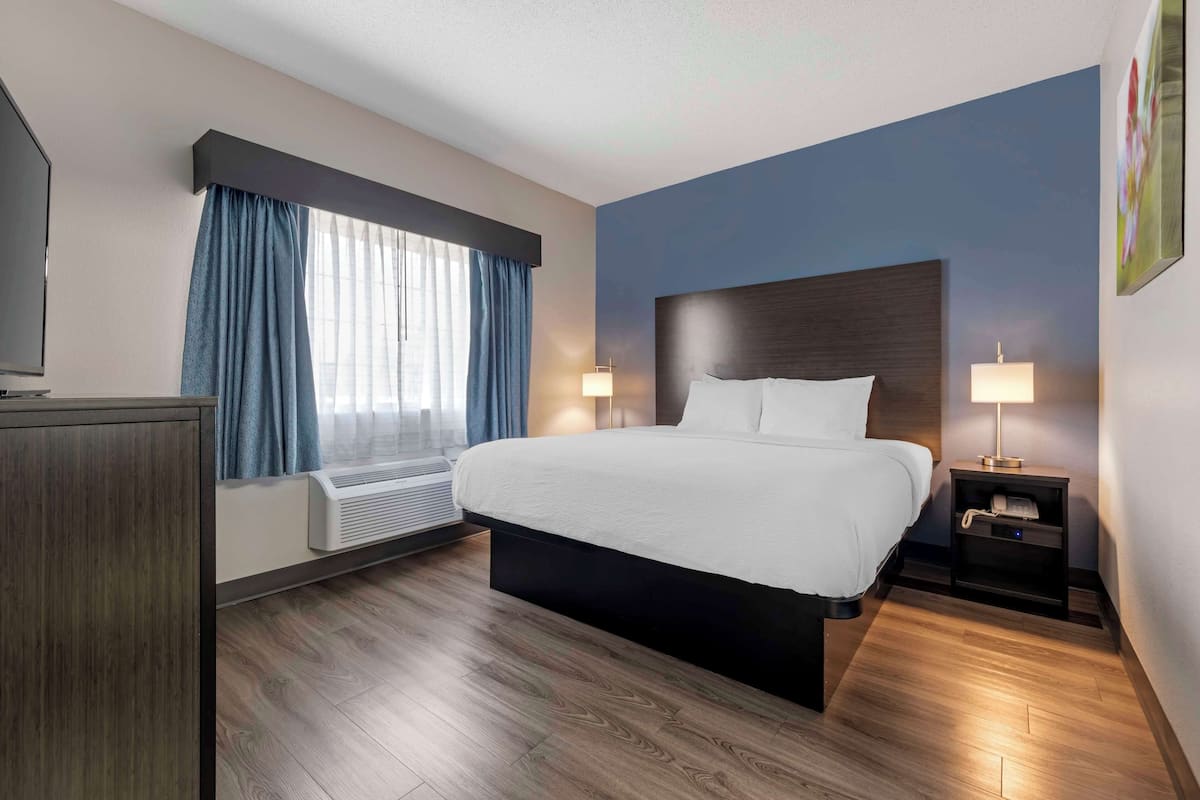A hotel room with a large bed, a flat-screen TV, a desk with a lamp, and a window with curtains.