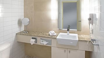 Une salle de bain moderne équipée d’un WC, d’un lavabo, d’un miroir, d’un distributeur de serviettes et d’un sèche-cheveux.