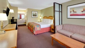 Una habitación de hotel con cama, sofá, escritorio y televisor.