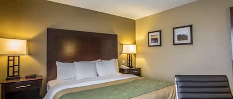 Une chambre d’hôtel avec un grand lit, deux lampes de chevet, une table de chevet, une chaise et deux tableaux encadrés au mur.