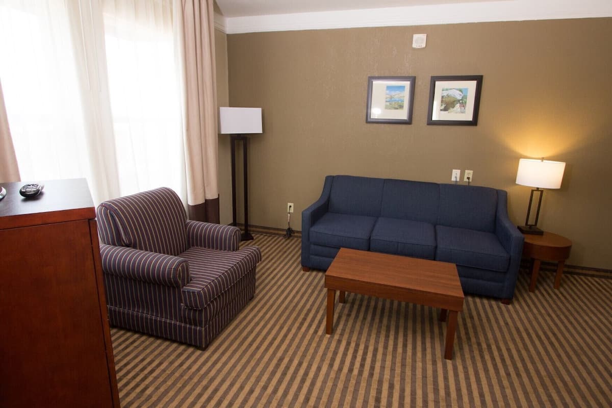 Ein Hotelzimmer mit einem gestreiften Sessel, einem blauen Sofa, einem Holztisch, einer Lampe und zwei gerahmten Bildern an der Wand.