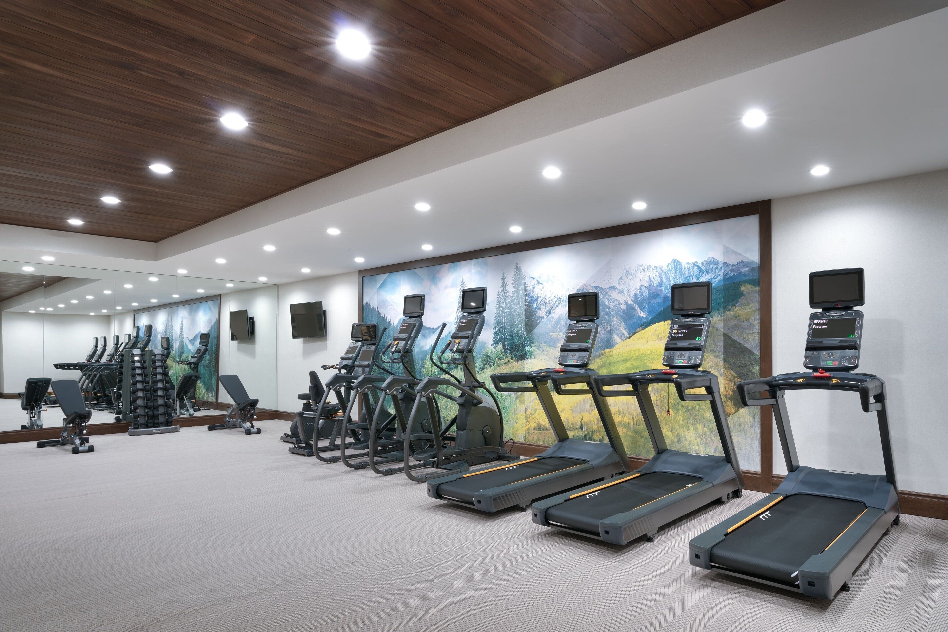 Un gimnasio con múltiples cintas de correr, bicicletas estáticas y elípticas.