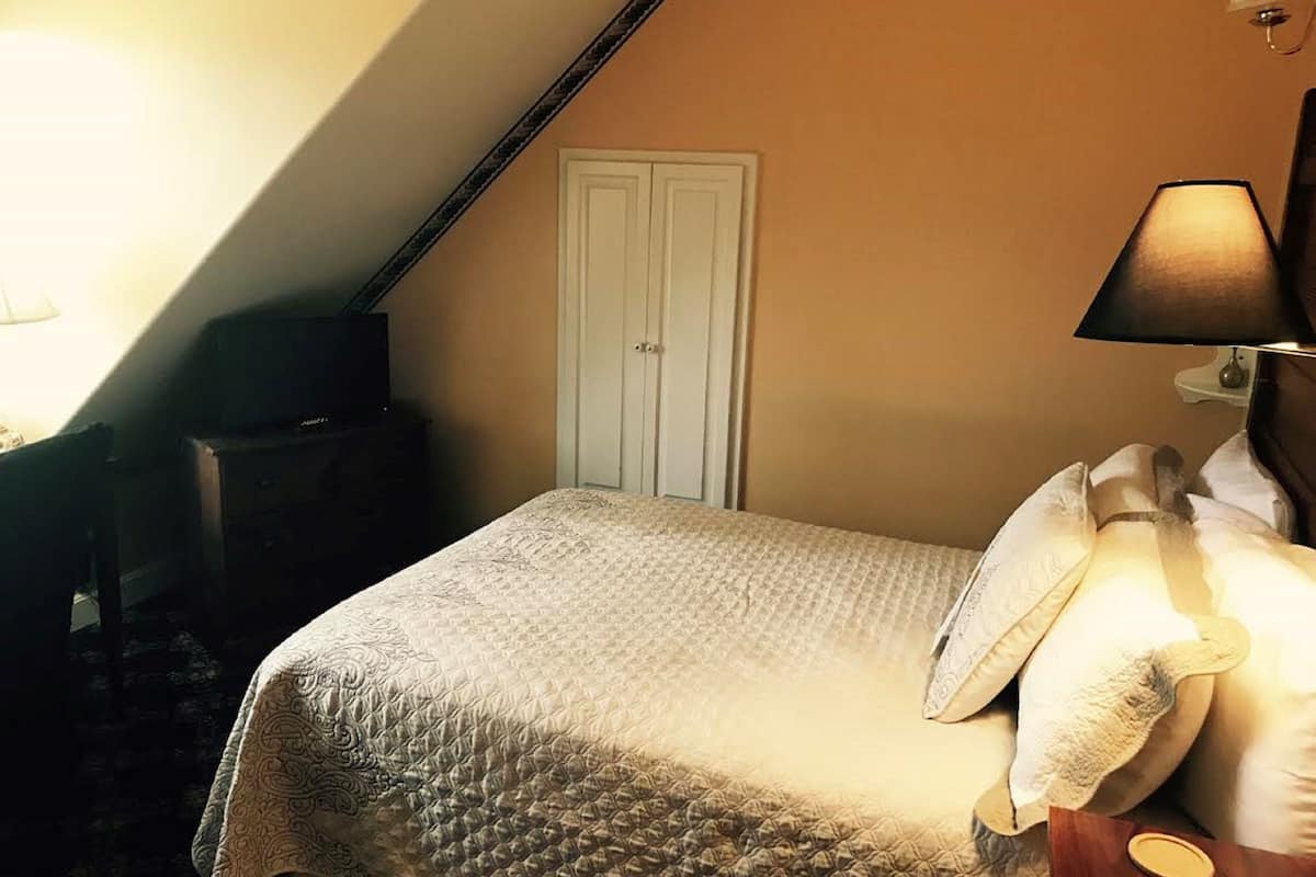 Un dormitorio con cama, almohadas, una lámpara, un armario y televisión.