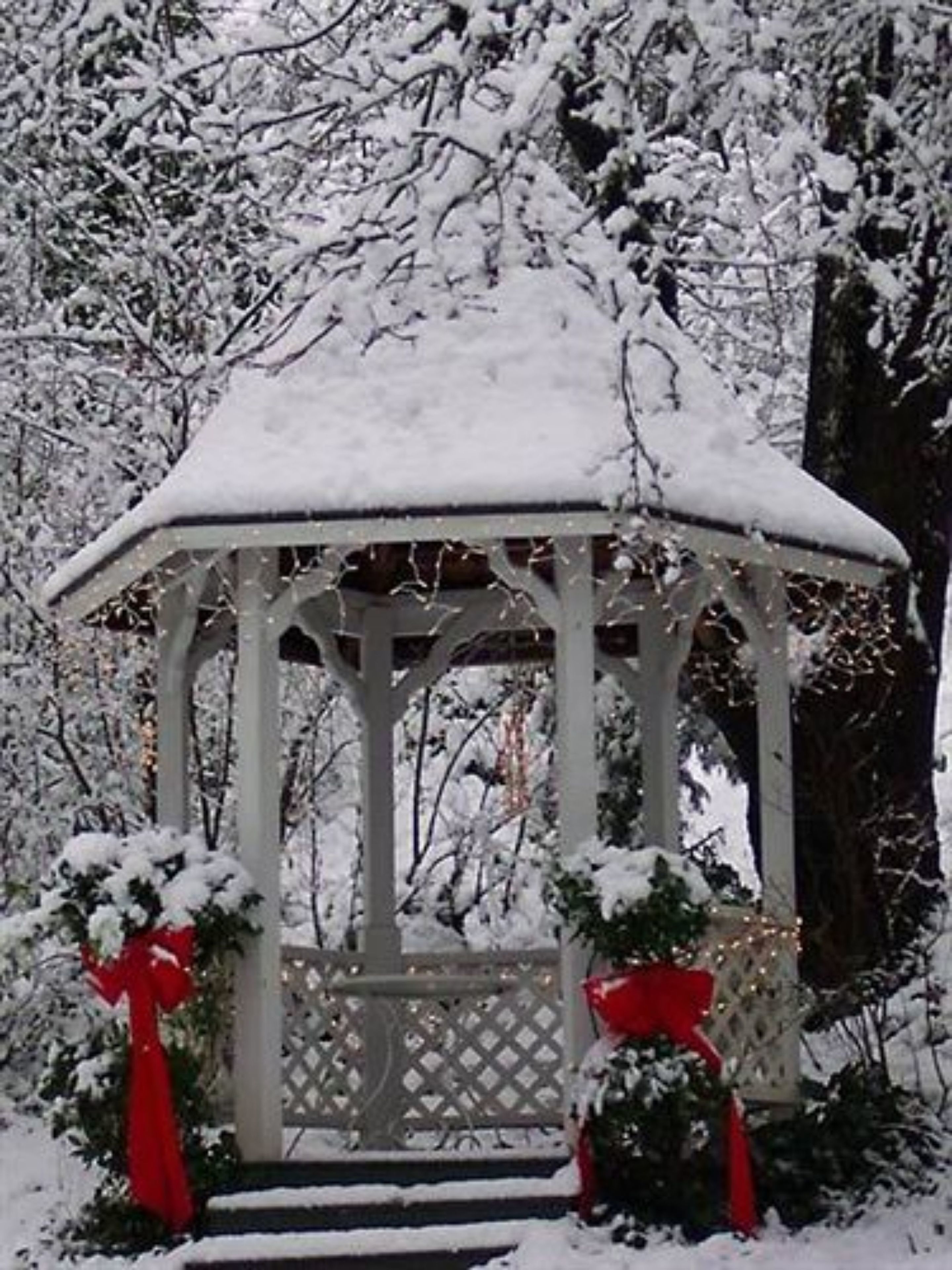 Ein Pavillon mit schneebedecktem Dach, umgeben von schneelastigen Bäumen.