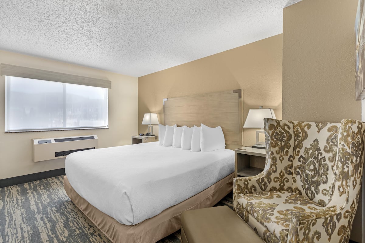 A hotel room with a large bed, a chair, a desk, and a window.