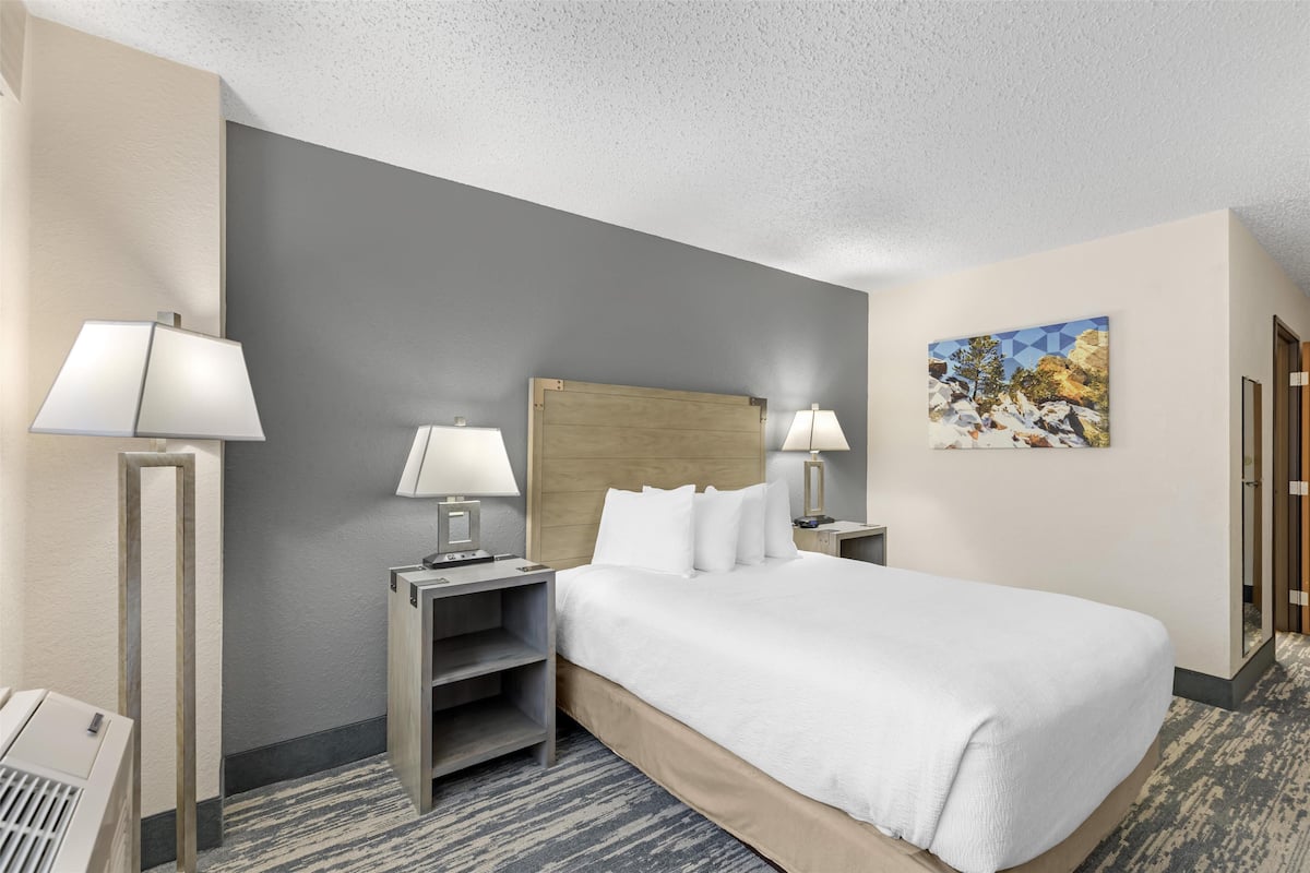 A hotel room with a large bed, two bedside tables with lamps, a wooden headboard, a painting on the wall, and a carpeted floor.