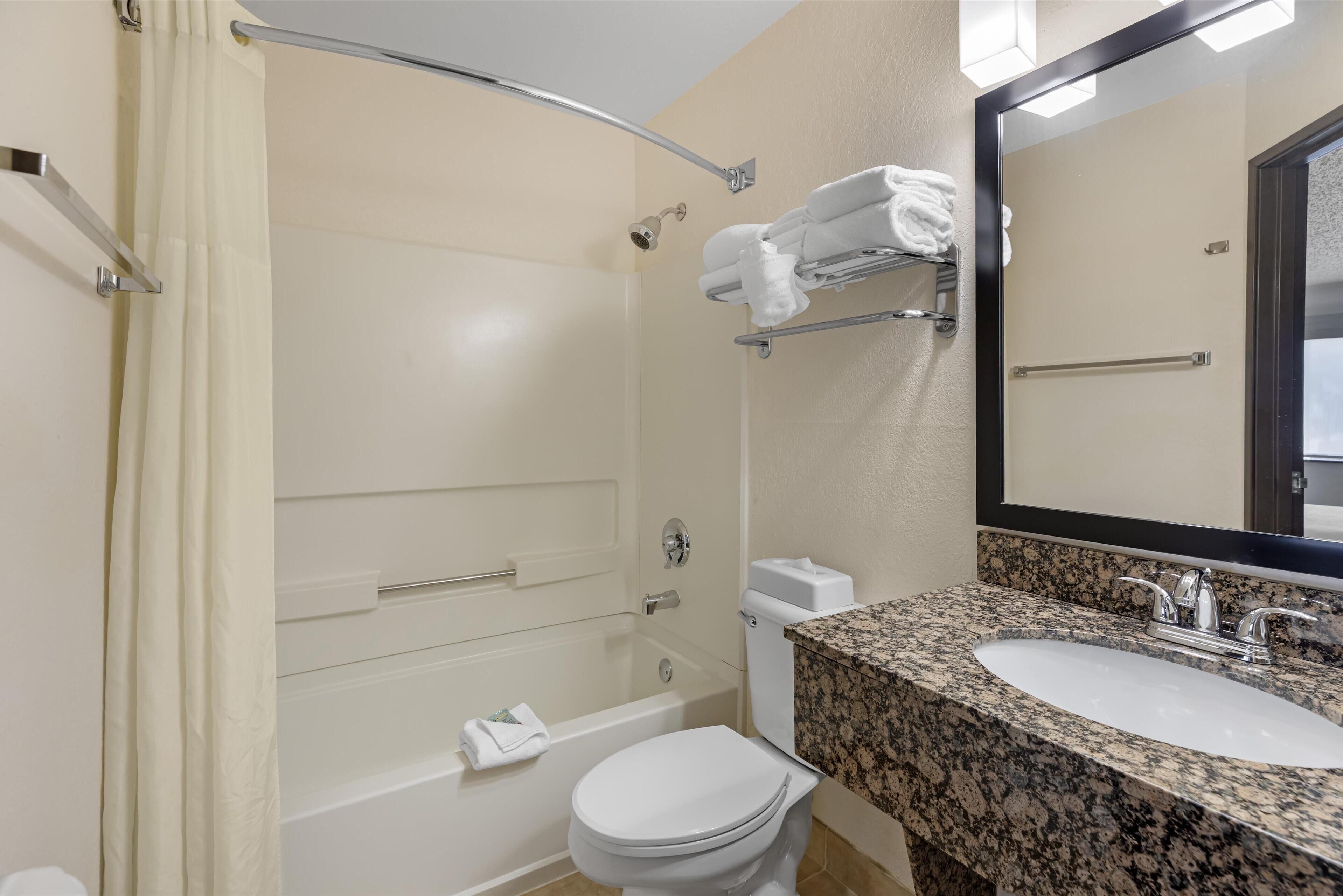 combined shower/bathtub, free toiletries, hair dryer, towels