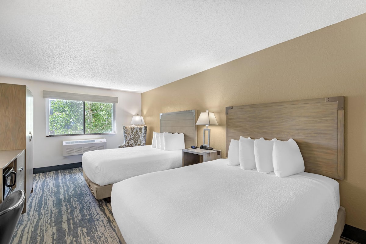 A hotel room with two beds, a desk, a chair, a window, and a wall-mounted heater.