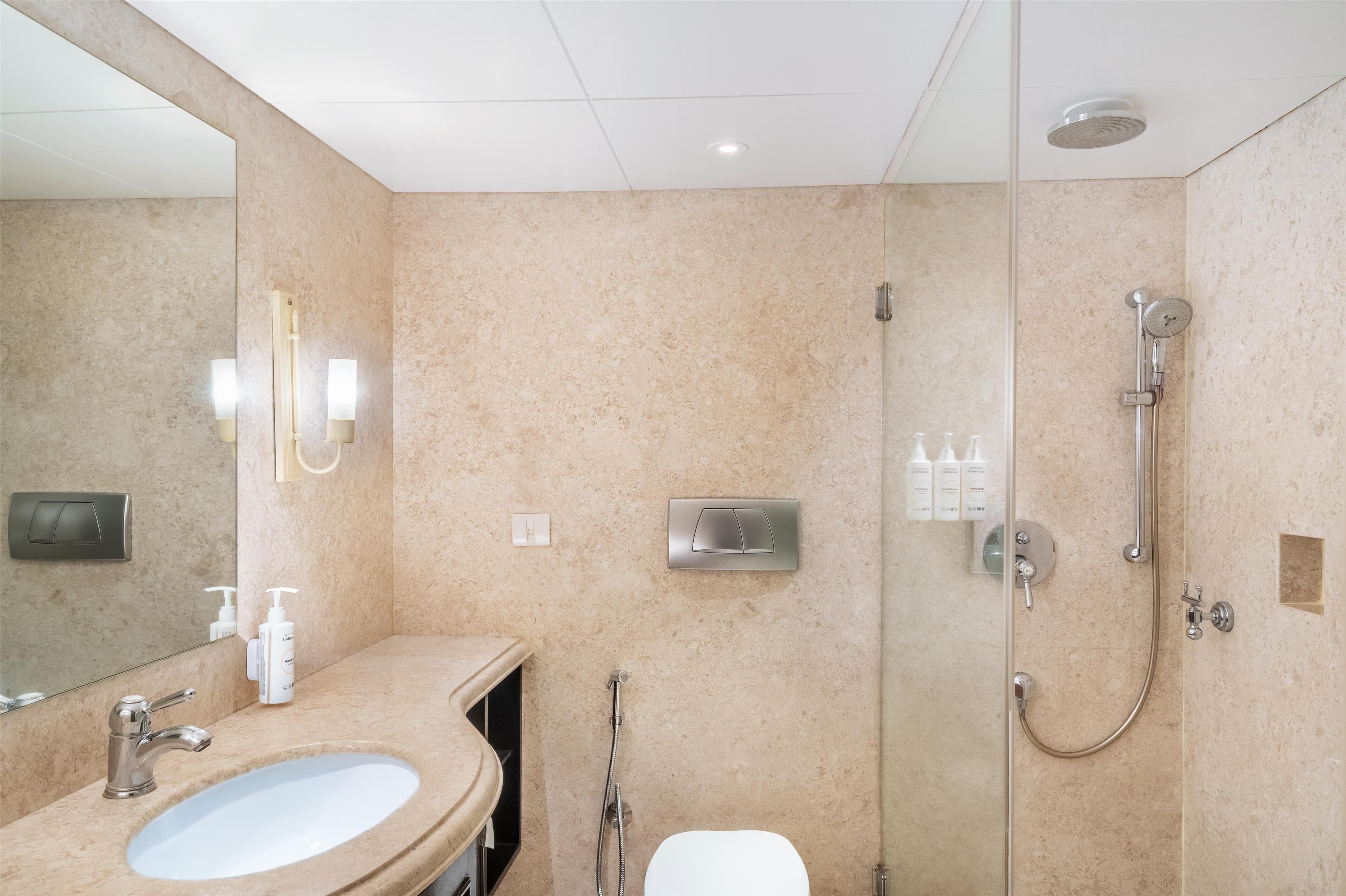 A bathroom with a sink, mirror, shower, and toilet.