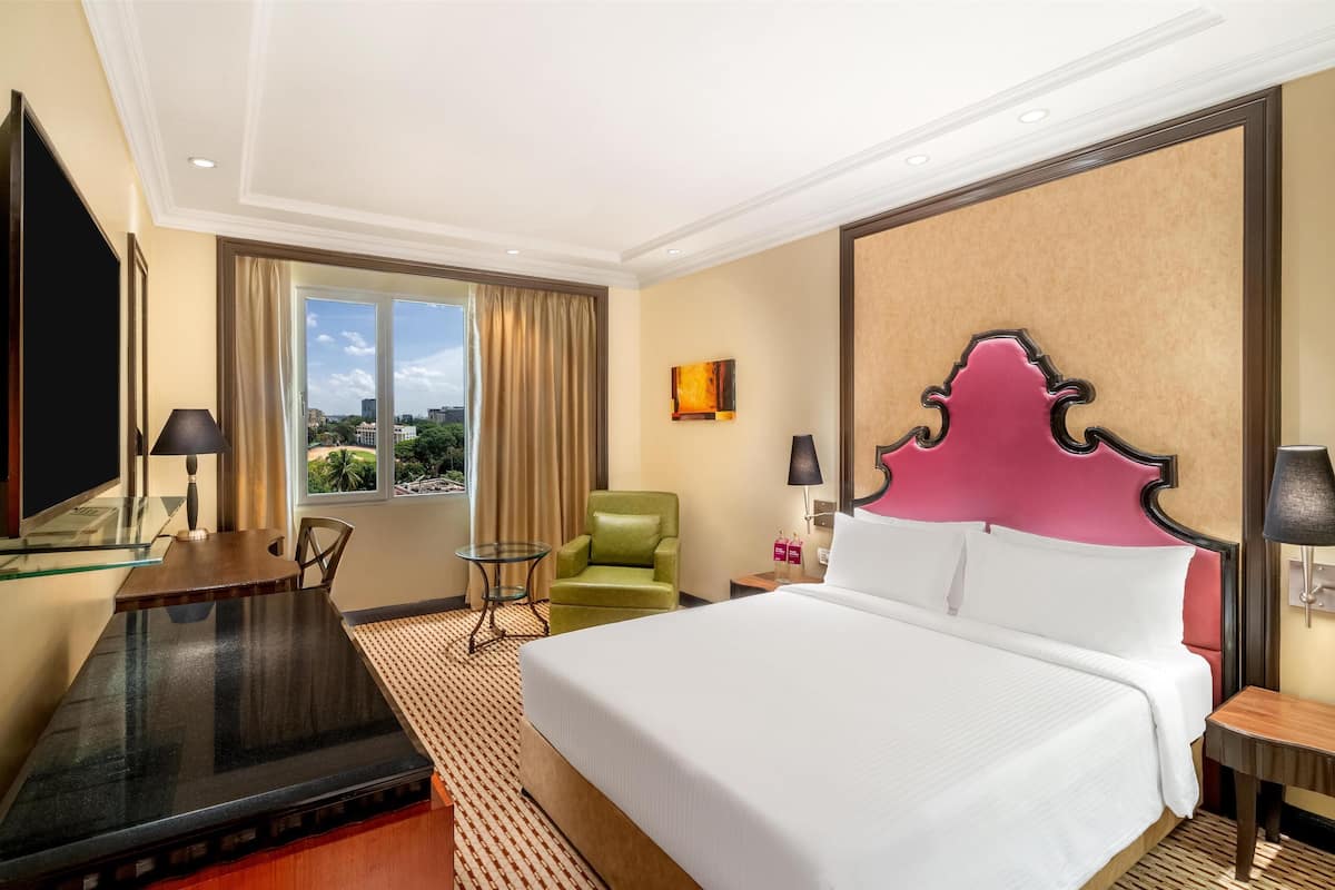A hotel room with a large bed, a desk, a chair, a TV, a window with curtains, and a view of the city.
