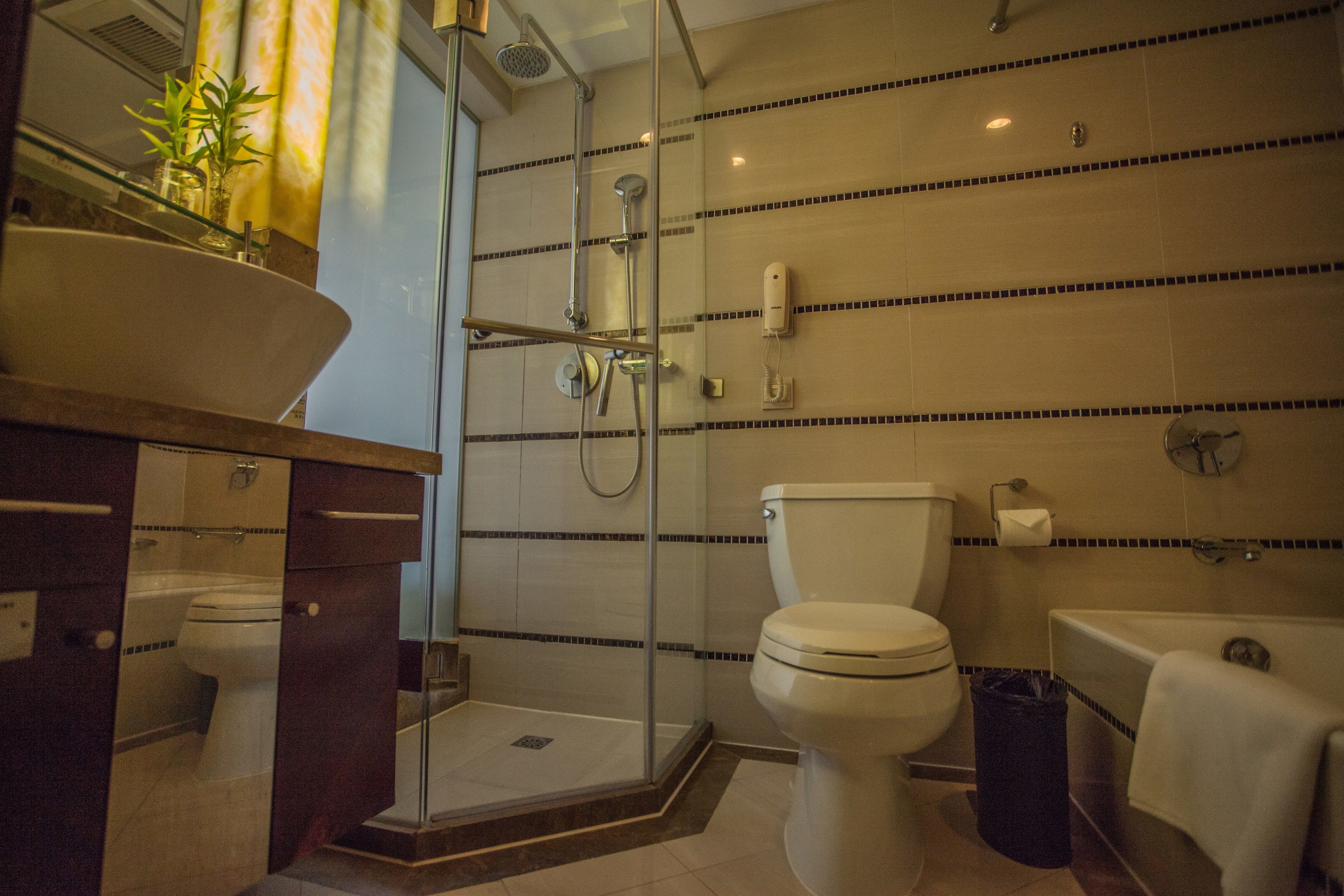 A modern bathroom with a glass-enclosed shower, a toilet, and a bathtub.