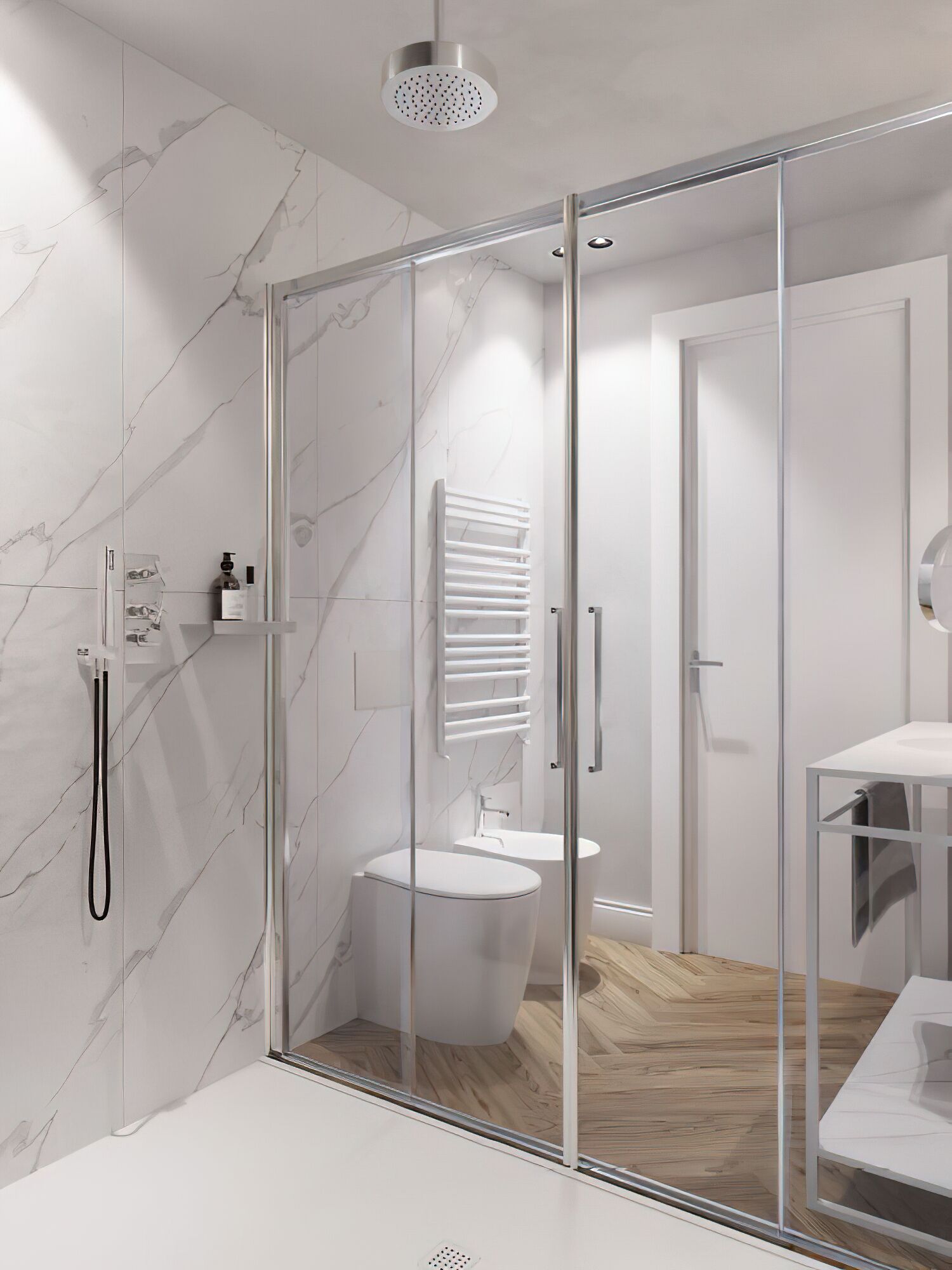 A modern bathroom with a glass shower enclosure, a white toilet, and a wooden floor.