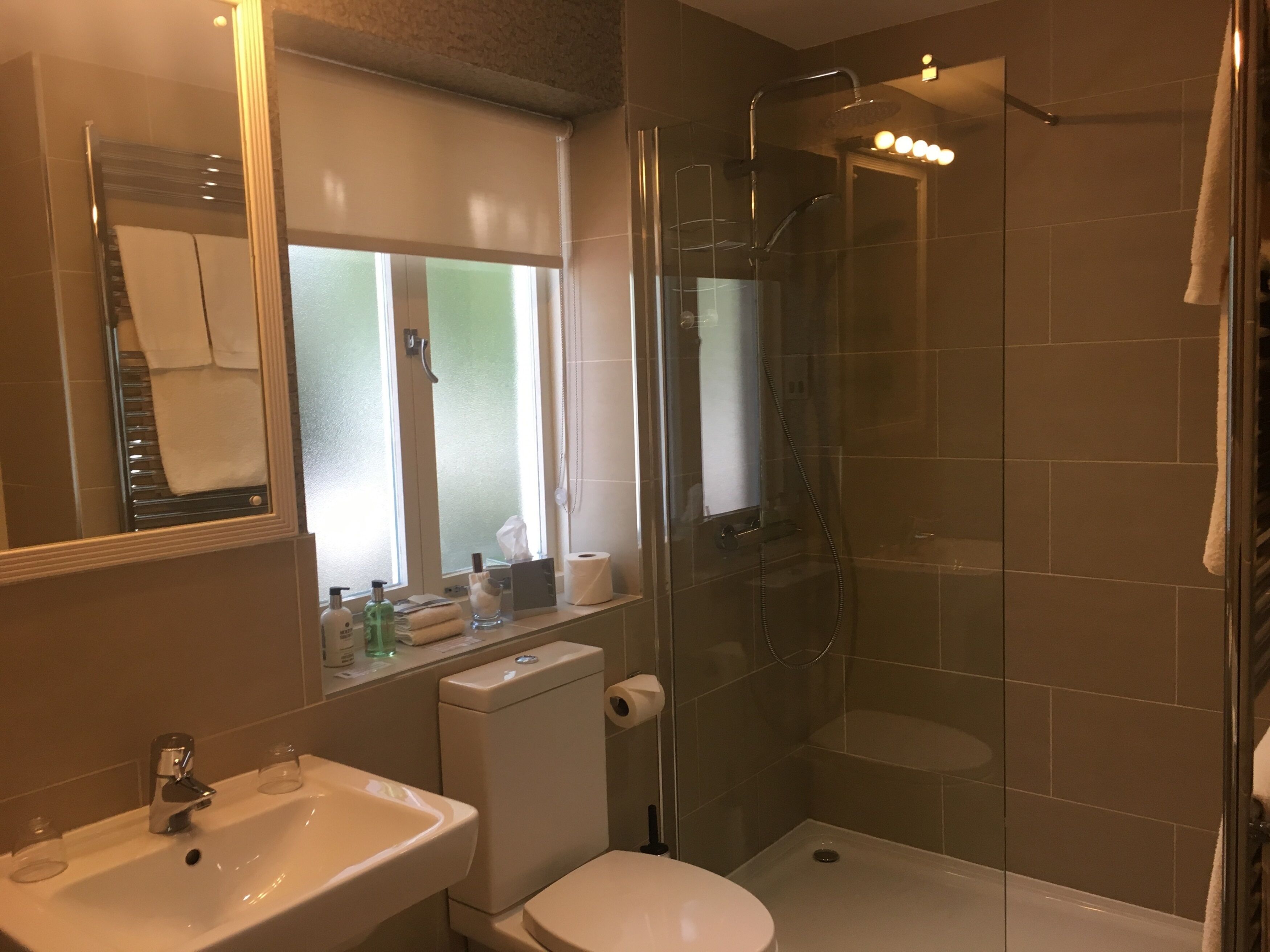 A bathroom with a sink, toilet, and glass-enclosed shower.