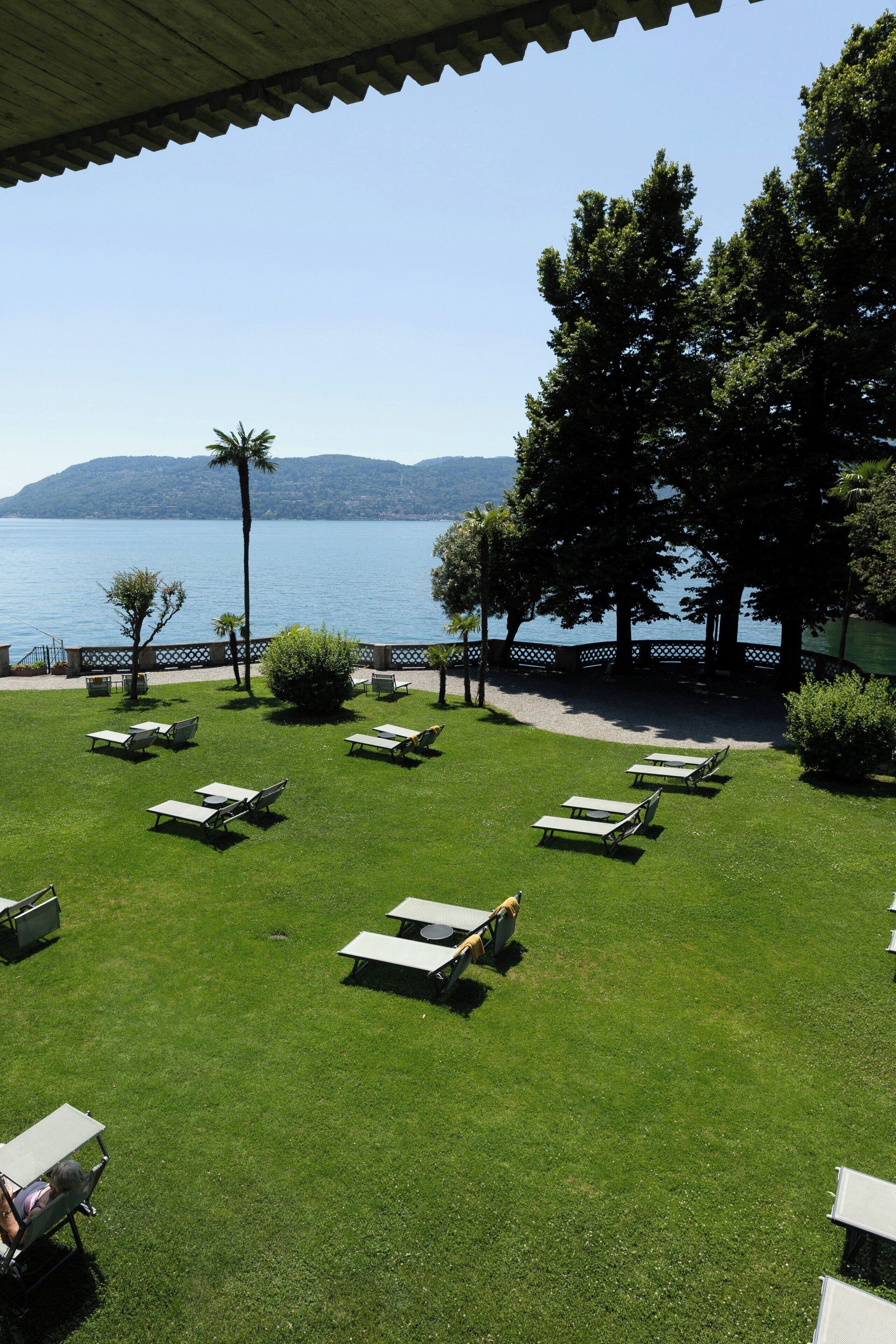 A grassy outdoor area with picnic tables and a view of a lake.