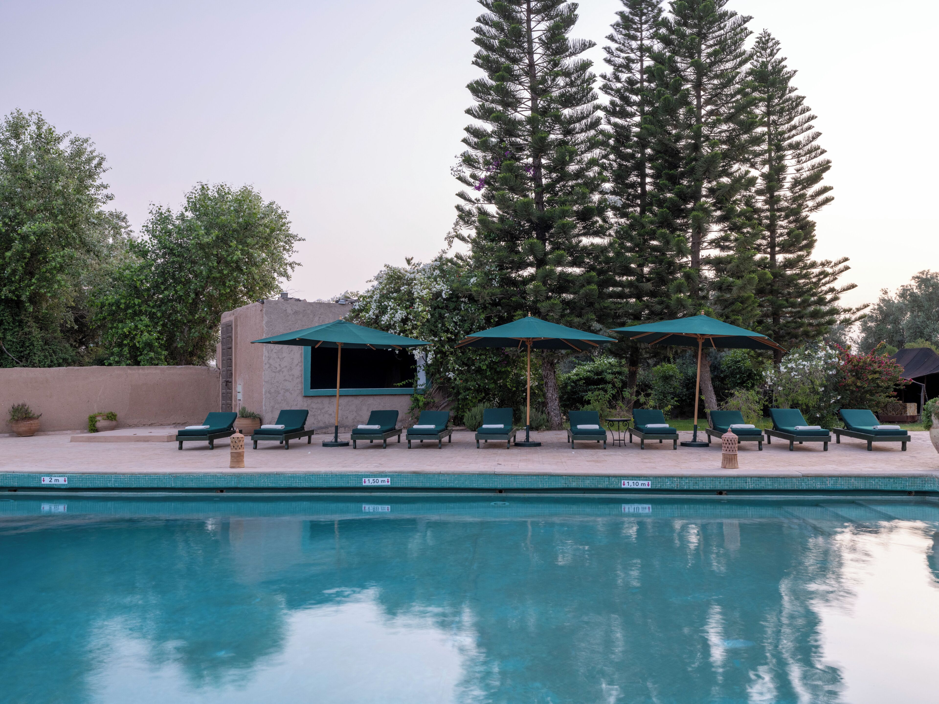 Zona de piscina con sillones de descanso y sombrillas, rodeada de árboles y un edificio.
