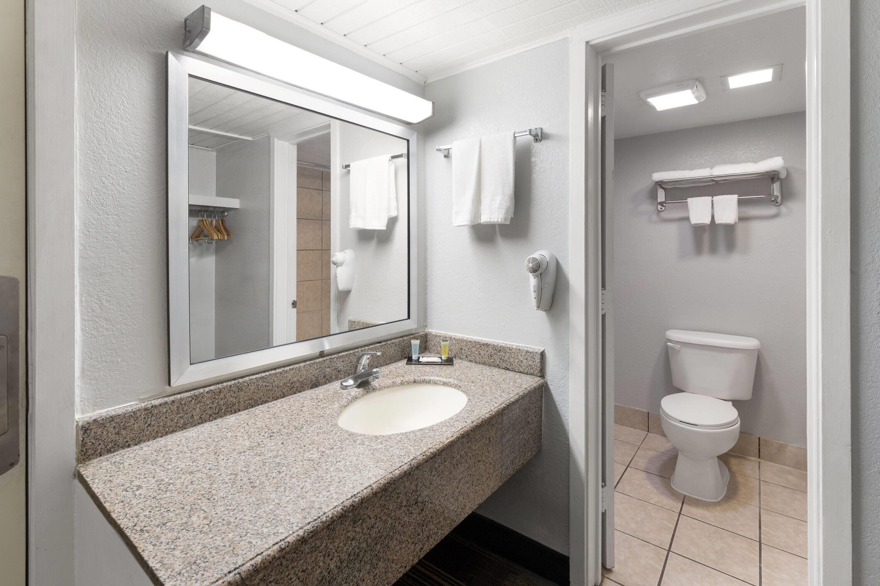 A bathroom with a granite countertop sink, a mirror, a toilet, and a towel rack.